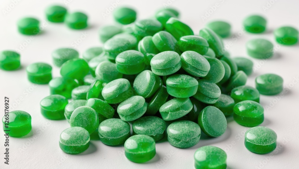 Poster green hard candy or tablets piled on a white surface with scattered pieces and smooth glossy texture