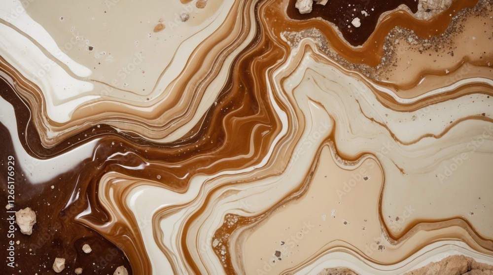 Aufkleber Abstract texture of flowing liquid paint in shades of brown and cream with organic patterns and small rock fragments; Copy Space