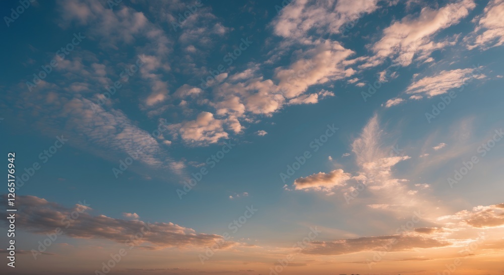 Poster vibrant evening sky with scattered clouds and warm sunlight illuminating the horizon with copy space