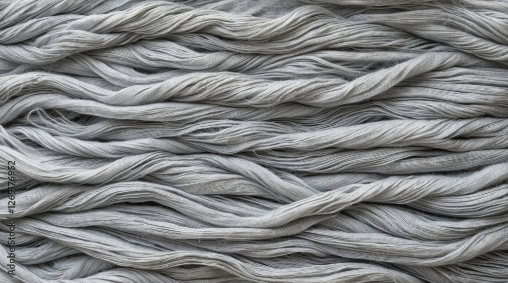 Poster Gray twisted fabric strands texture background with interwoven fibers and soft drape suitable for textile design or craft projects
