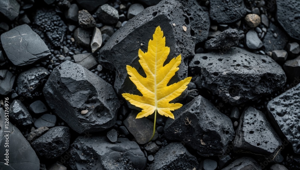 Aufkleber Yellow leaf on black volcanic rocks creating contrast in natural elements with Copy Space for text placement.