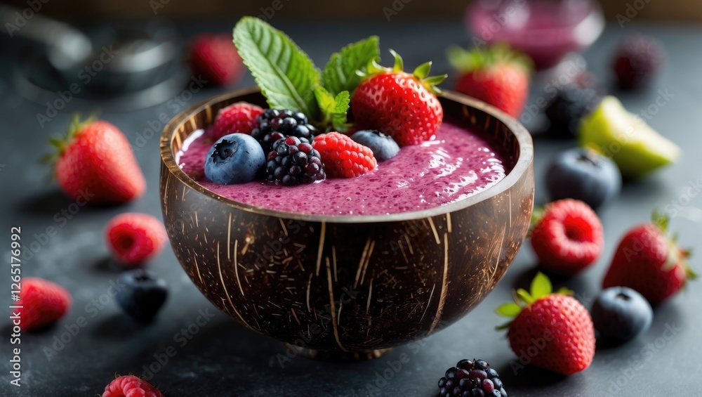 Poster bowl of mixed berry smoothie topped with fresh strawberries blackberries blueberries and mint leaves