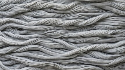 Gray twisted fabric strands texture background with interwoven fibers and soft drape suitable for textile design or craft projects