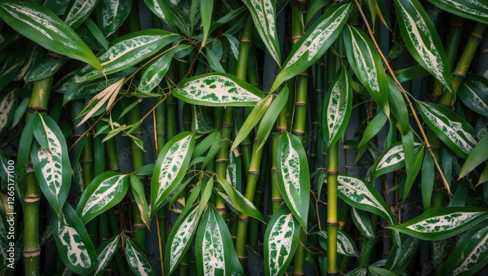 Poster Lush green bamboo and variegated leaves texture background with copy space for text or design elements