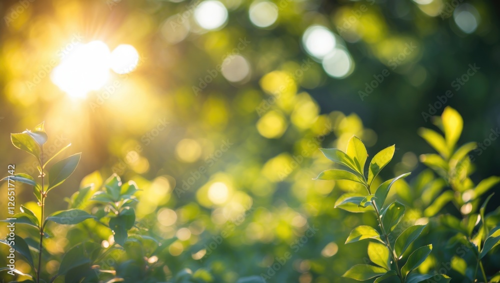 Poster Sunlight shining through green foliage in a natural outdoor setting with bokeh effect and soft focus Copy Space