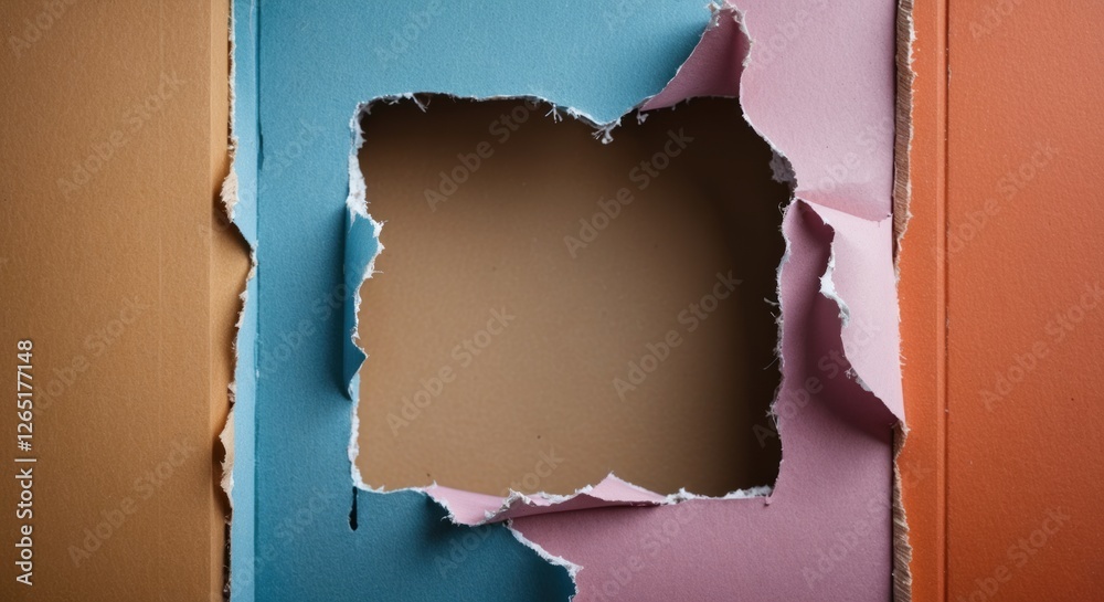 Poster Torn colorful paper with peeling edges revealing a blank square area in the center suitable for text or images Copy Space