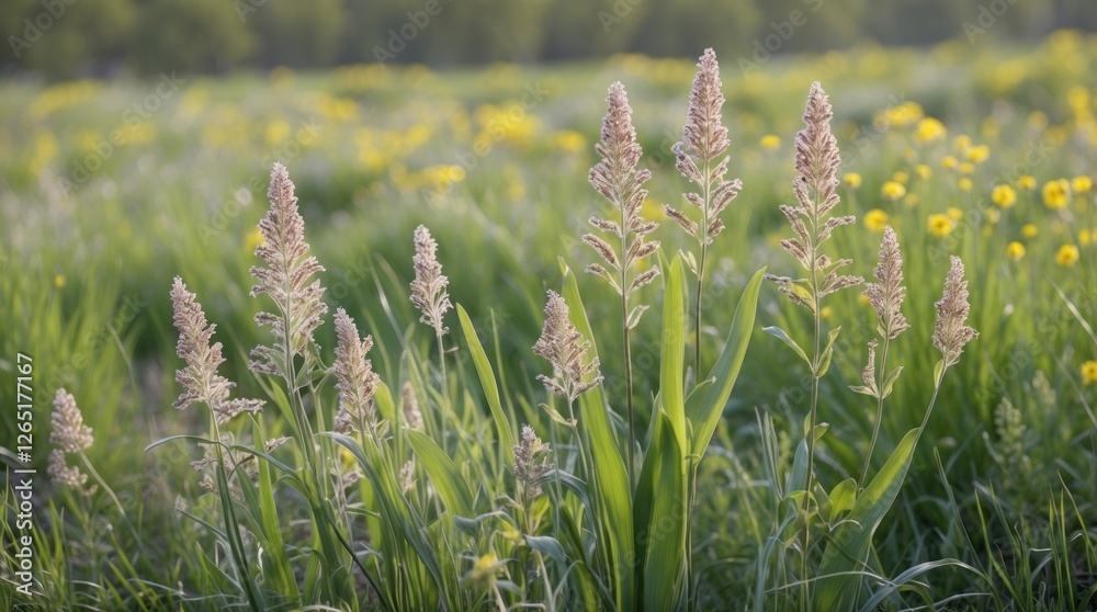 Poster tall grass and wildflowers in a meadow with soft sunlight creating a natural landscape scene copy sp