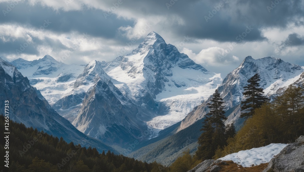 Poster snow-capped mountain peaks under a cloudy sky with forest in the foreground and rocky terrain in the