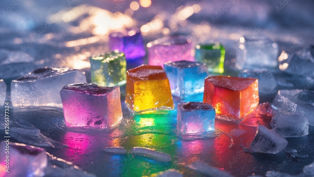 Aufkleber colorful ice cubes on a reflective surface with glistening lights and colorful reflections creating 