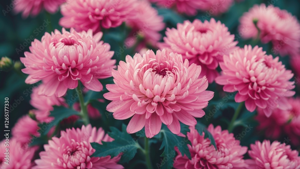 Poster pink chrysanthemums in full bloom with lush green foliage captured in a vibrant garden setting with 
