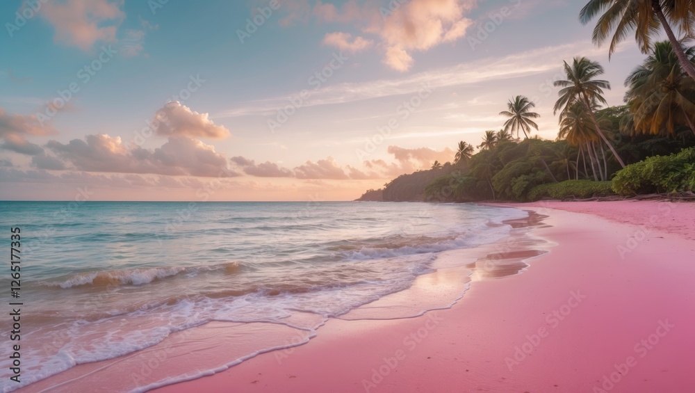 Poster tropical beach landscape at sunset with pink sand and calm waves under a colorful sky with clouds an