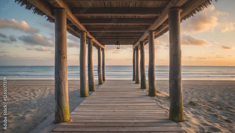 Poster wooden pier with columns at beach during sunset with ocean and clouds in background, peaceful coasta