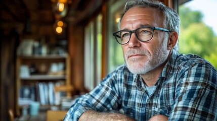 Middle aged man with glasses relaxing indoors