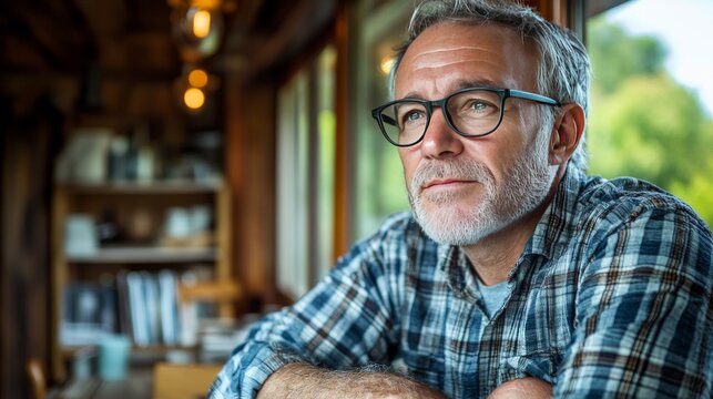 Middle aged man with glasses relaxing indoors