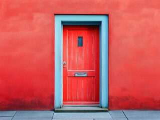 Bright red door urban residential architecture bold vibrant contrasting colors textured weathered facade artistic composition minimalist geometric aesthetic detailed clean modern wood, day rustic wall