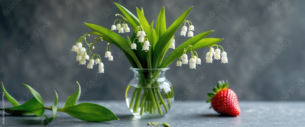 Sticker Lily of the valley flowers in clear glass vase with green leaves and fresh strawberry on gray background Copy Space