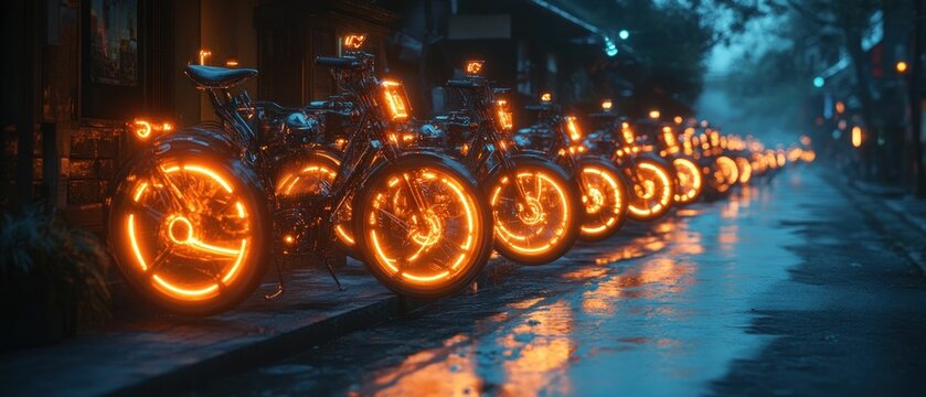 Glowing wheels line a rain-slicked city street