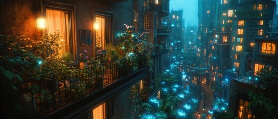 Urban balcony garden glows, rain-washed city night