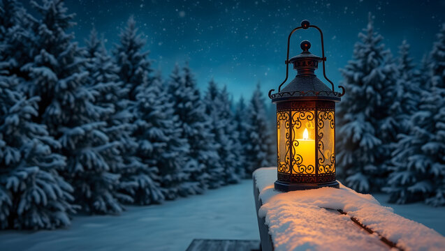 Winter Night Lantern: A warm, inviting lantern glows softly against a backdrop of snow-covered evergreens under a starlit winter sky, creating a serene and magical atmosphere. 