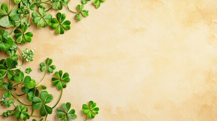 A serene background featuring vibrant green clovers against a soft, beige texture, ideal for nature-themed designs or St. Patrick's Day celebrations.
