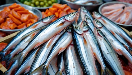 Fresh whole fish displayed on a market table surrounded by chopped vegetables and seafood bowls with copy space for text