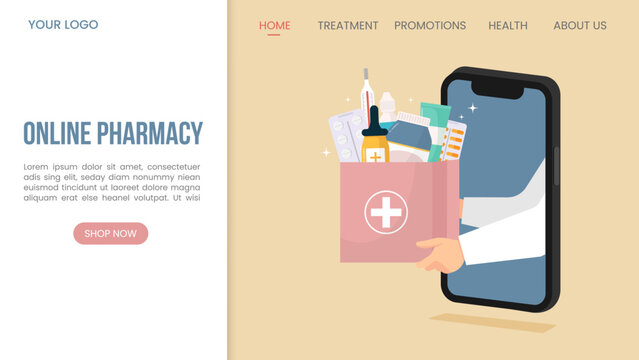 Online pharmacy concept. Landing page design for online drugstore.Doctor's consultation.Delivery service concept.Paper bag with medical pills and bottles.Vector illustration