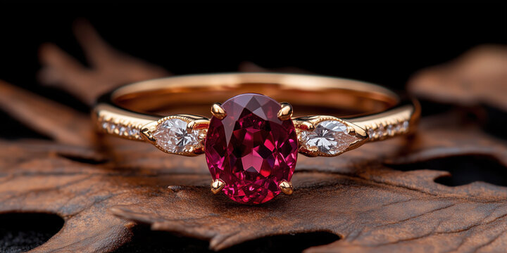 Elegant ruby engagement ring with diamond accents on leaf background