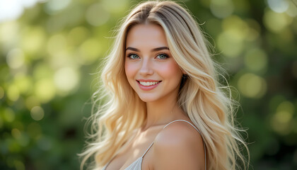 Naklejka premium Stunning portrait of a beautiful young blonde woman with long wavy hair smiling outdoors in a summer park