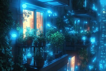 Obraz premium Night balcony garden glows with vibrant teal lights
