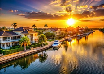 Obraz premium Sunrise Over Luxurious Waterfront Estate - Panoramic View