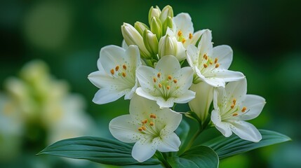 Obraz premium Close-up of blooming white lilies with subtle orange accents against a lush green background.