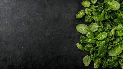 Fresh spinach leaves on dark background, food blog, recipe
