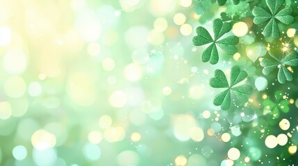 Obraz premium A vibrant green background featuring clovers and soft bokeh lights, evoking a fresh and festive atmosphere.