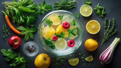 Fresh fruit and herb infused water in a glass bowl with apples lemons raspberries and greens on a dark background with Copy Space