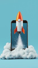 An eye-catching image featuring a rocket spouting plumes of smoke, launching from a smartphone, capturing the essence of technology and imagination in a creative landscape.