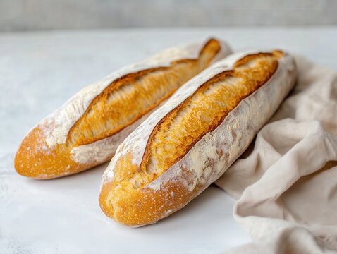 Two freshly baked baguettes resting on a white surface with a cloth beside them. - Powered by Adobe