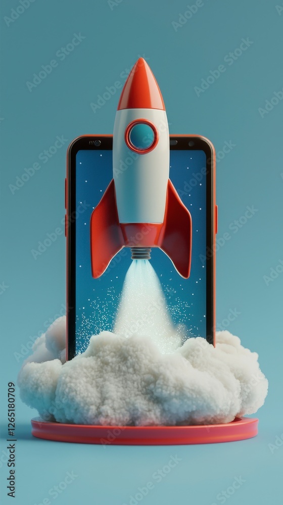 Poster a dynamic image showcasing a vibrant rocket taking off from a smartphone with clouds, symbolizing th