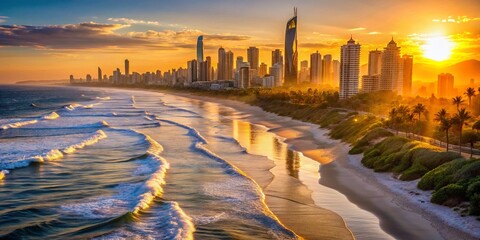 Surfers Paradise Coastline: Bokeh Sunset Serenity, Australian Beach Scene