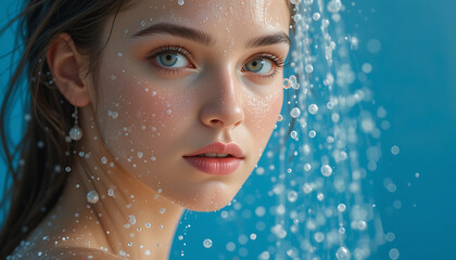 Close-up portrait of a beautiful young woman with clear skin, enjoying a refreshing shower, water droplets on her face,  glowing complexion, healthy lifestyle.