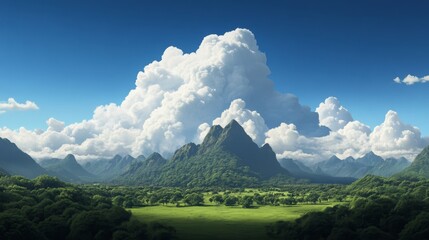 Lush valley, towering cumulus cloud, mountain range, sunny day, scenic wallpaper