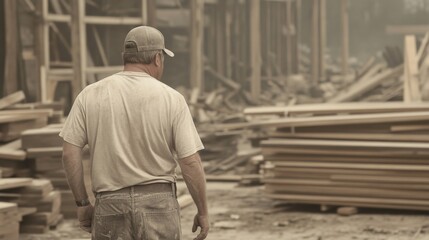 Lumber mill worker amidst sawdust, assessing damage after wildfire