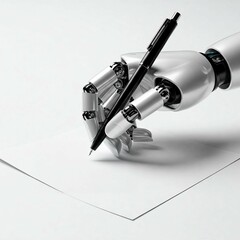 A robotic hand about to write on paper with a pen
