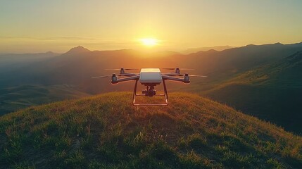 A drone stands on a hilltop during sunset, showcasing a breathtaking landscape with mountains and a warm sky.