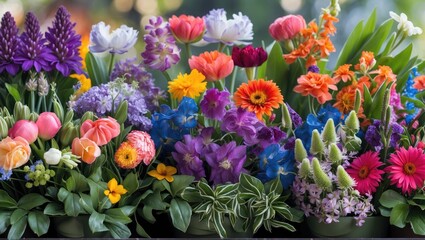 Colorful display of various flowers including roses, daisies, and tulips in decorative pots with blurred green background and Copy Space.