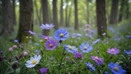 Colorful wildflowers in a lush forest setting with trees in the background and soft natural light Copy Space