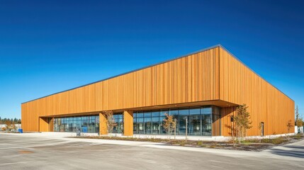 Modern, light-tan wooden building exterior, parking lot, clear blue sky