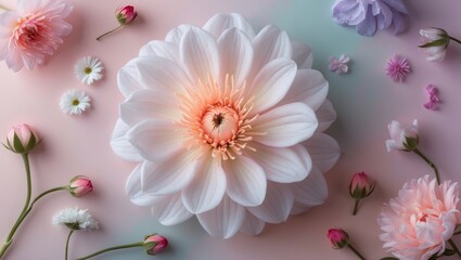 Close-up view of a large white lotus flower surrounded by smaller colorful floral elements on a soft pastel background with Copy Space.