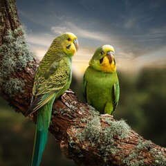 Fototapeta premium pajaros periquito macho y hembra sobre un arbol mirando el bosque