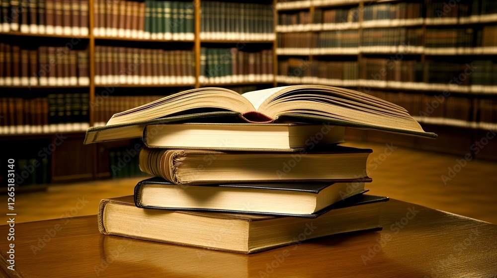 Wall mural a stack of books with an open book on top, with a blurred background of shelves in a library or scho