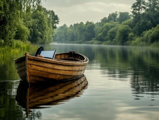 Obraz premium Wooden rowboat notepad tranquil river scene